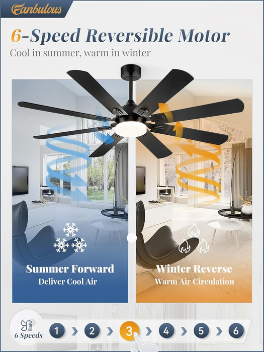 62 Inch Ceiling Fans with Lights, Black Modern Ceiling Fan with Remote,Large Farmhouse Indoor & Outdoor Ceiling Fan with 8 Dual Finish Blades, Quiet DC Motor, Bright LED Light