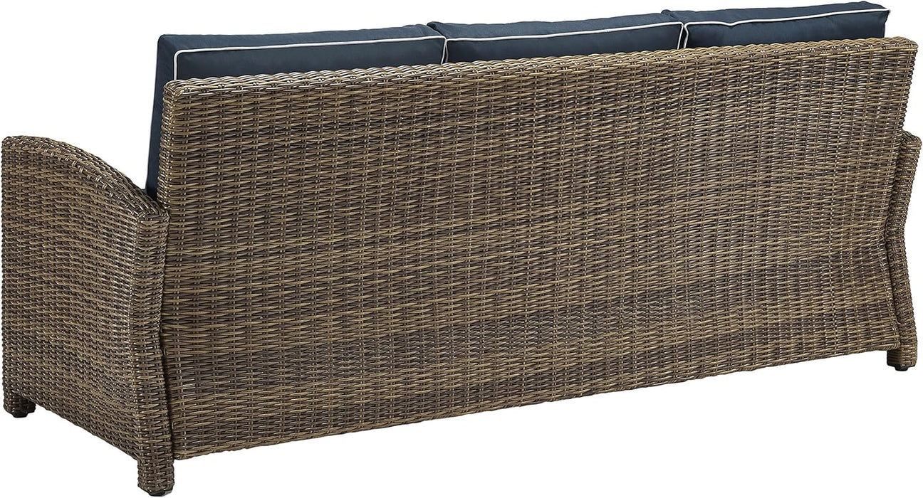Bradenton Wicker Outdoor Sofa, 3-Person Patio Couch for Porch, Deck, Backyard, Brown with Navy Cushions