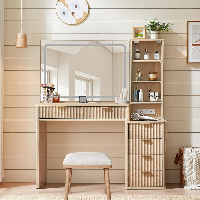 Vanity Desk with Mirror and Lights, 43.5'' Fluted Makeup Vanity with 6 Drawers and Adjustable Shelves, Natural Wood Make up Vanity Dressing Table with Glass Top and Power Outlet for Bedroom