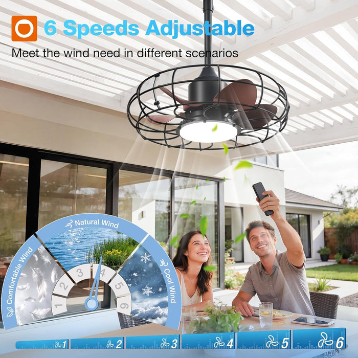 20 Inch Outdoor Ceiling Fan with Light for Patio, IP65 Waterproof Plug in Caged Hanging Fan, Remote Control, 3 CCT, 6 Speeds Reversible Outdoor Fan for Gazebo, Pergola, Porch