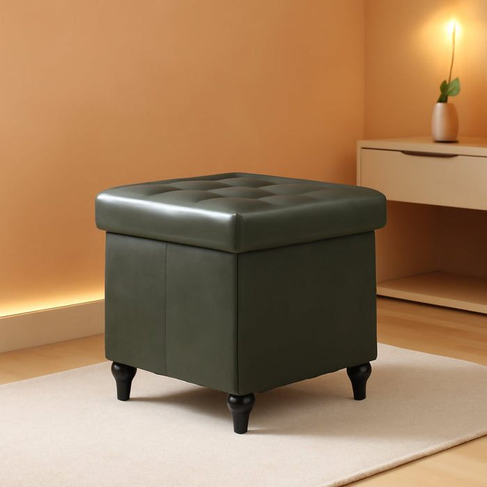 Storage Ottoman Bench, 15 Inches Foldable Ottoman Foot Stool with Legs, PU Leather Footrest for Living Room, Bedroom, Dorm (Green)