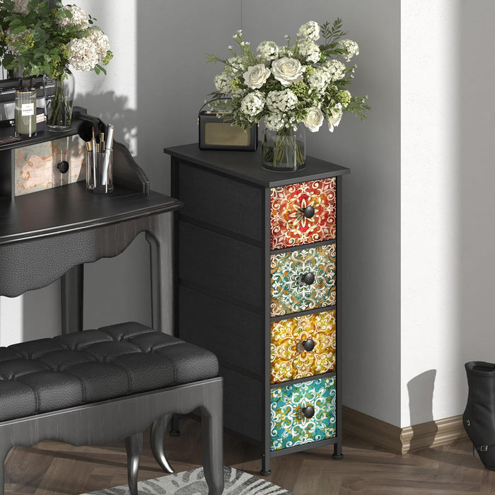 Skinny Slim Dresser with Fabric Drawers Thin Boho Mandala Flower Chest of Drawers Narrow Storage Tower for Small Spaces Gaps Bedroom Beautiful Nightstand Living Room Table