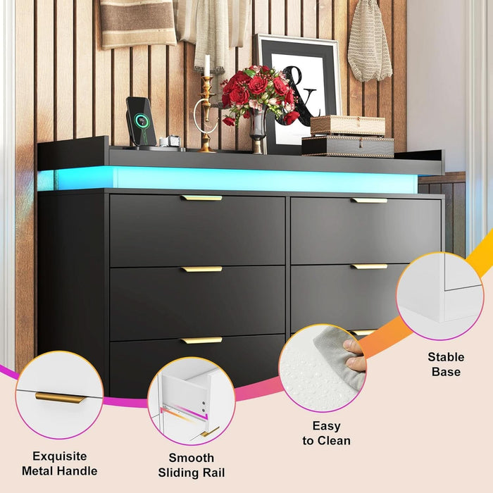 6 Drawer Dresser for Bedroom, Black Dresser with LED Lights and Power Outlet, Modern Chest of Drawers for Closet, Double Wide Drawer Organizer Cabinet for Bedroom, Living Room, Entryway, Hallway