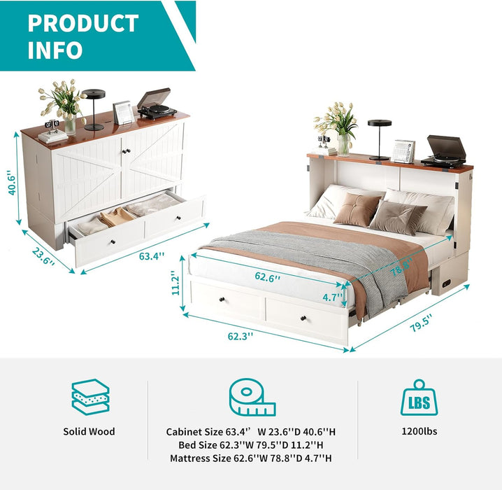 Queen Murphy Bed with Tri-Folding Mattress, 63" W Cabinet Bed with USB Charging Station & Storage Drawer, Queen Size Murphy Cabinet Beds for Living Room, Apartment, Home Office, Bedroom, White