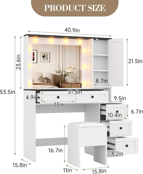 Makeup Vanity Desk and Stool, Vanity Desk with Lights, Vanity Table Set with Charging Station, Drawers and Hidden Storage Shelves, White