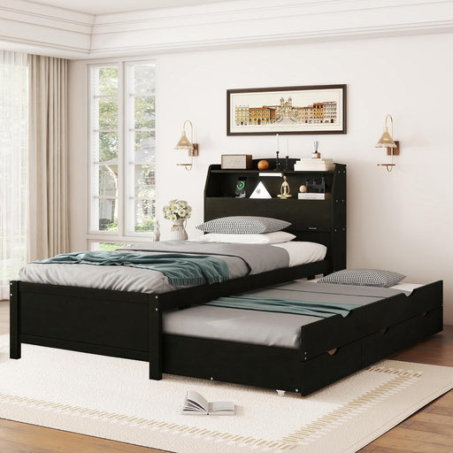 Twin Size Wooden Platform Bed with Trundle & LED Storage Headboard - 3 Drawers, Wood Twin Captain Bed with USB Outlets and Hidden Flip-Up Compartment for Kids Teens Boys Girls (Espresso)