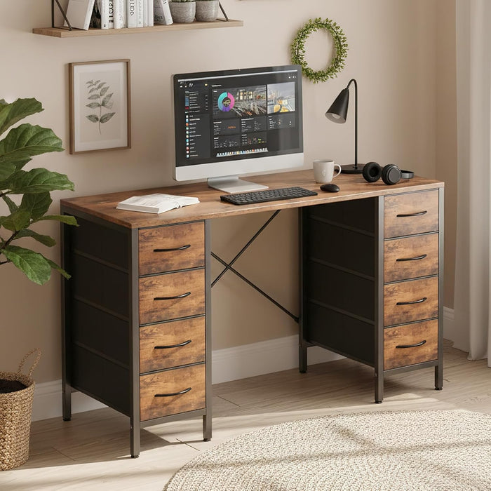 47 Inch Computer Desk with 8 Fabric Drawers, Office Gaming Desk with Storage, Writing Study Table with X-Shaped Reinforced Structure, Dark Brown