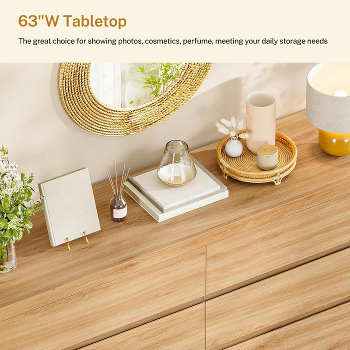 55" Dresser for Bedroom with 6 Drawers, Modern Dressers & Chests of Drawers with Thicker Panels, Wooden Dresser TV Stand, Bedroom Dressers, for Bedroom, Hallway, Natural