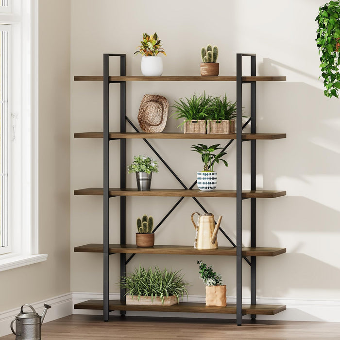 Industrial Reinforced Five Tier Bookshelf Rustic Oak