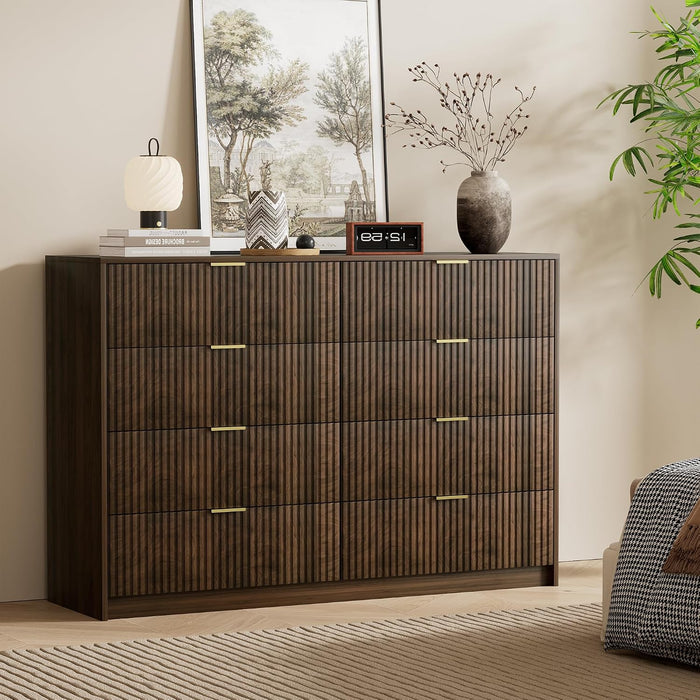 Walnut Dresser for Bedroom, Modern Dresser with 8 Drawers and Smooth Slides, Wide Chest of Drawers with Golden Handles for Bedroom, Closet, 15.7" D X 55" W X 37.4" H
