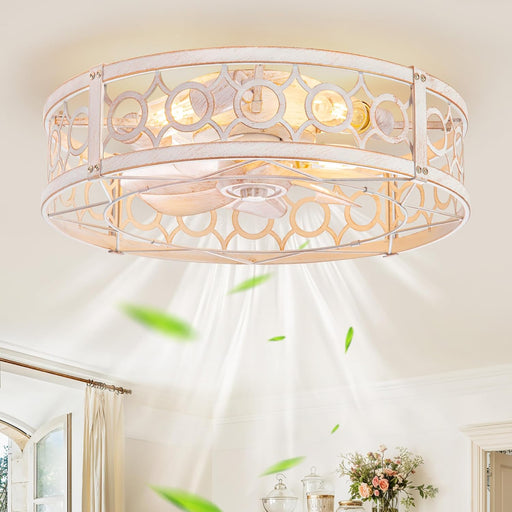 Caged Ceiling Fan with Light and Remote, 20In Small Low Profile Ceiling Fans with Lights, 6 Speed Farmhouse Flush Mount Ceiling Fan for Bedroom, Kitchen, Living Room-White and Gold