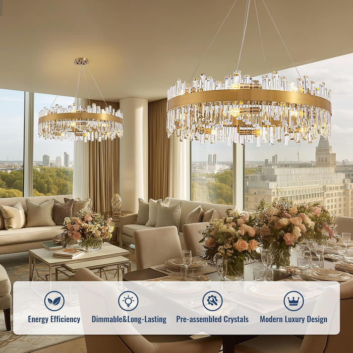 Gold Crystal Chandelier for Dining Room, 16-Light Modern Chandelier, 31.5-Inch K9 Crystal Raindrop Ceiling Light, Luxury Flush Mount Light Fixture for Kitchen Living Room Entryway Bedroom