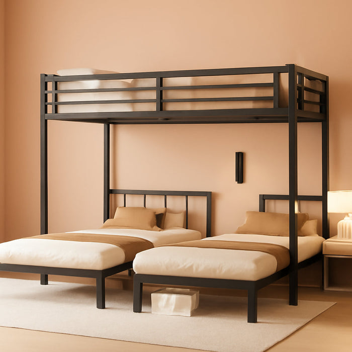 Triple Bunk Bed for Kids, Detachable Metal Twin over Twin over Twin Bunk Bed with Guardrails, Built-In Ladder, Shelf, Converts to 3 Separate Twin Beds, Easy Assembly, Black