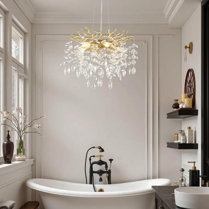 Gold Tree Branch Crystal Chandelier 18-Inch, Crystal Chandelier for Dining Room 6-Light, Hanging round Raindrop Chandeliers for Living Room E12