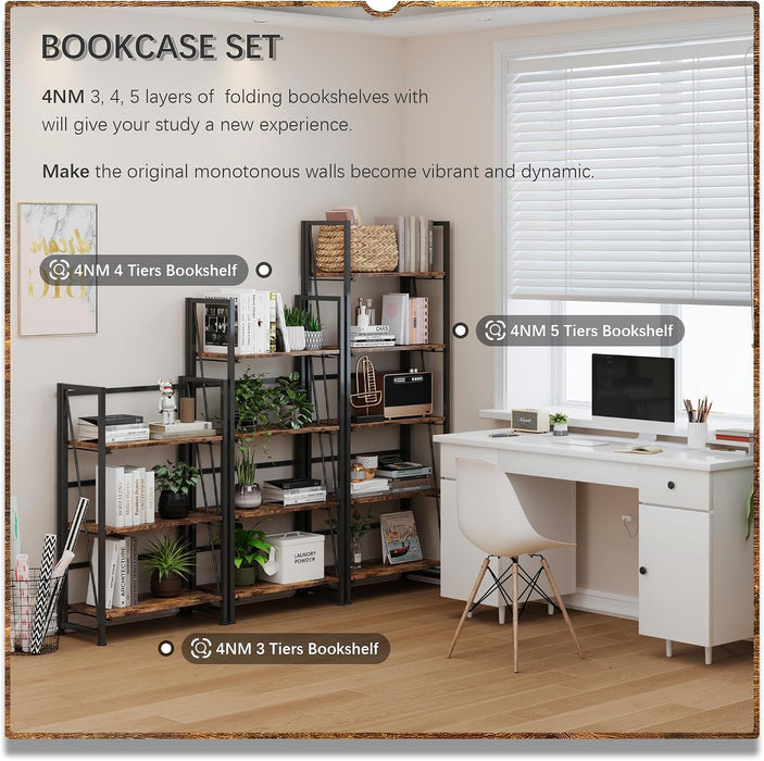 No Assembly Folding Bookshelf Storage Shelves 4 Tier Vintage Bookcase Standing Racks for Bedroom Living Room Home Office