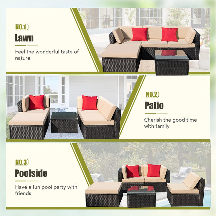 5 Piece Patio Conversation Set Wicker Rattan Furniture Outdoor Sofa with Cushions,Pillows & Glass Table for Porch,Lawn and Yard,Beige