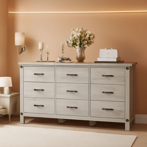 Dresser for Bedroom with 9 Drawers, 59” Wide Chest with Deep Drawer, Modern Farmhouse Dresser TV Stand with Metal Handles, Wood Storage Cabinet for Closet, Living Room, Hallway, Wash Grey