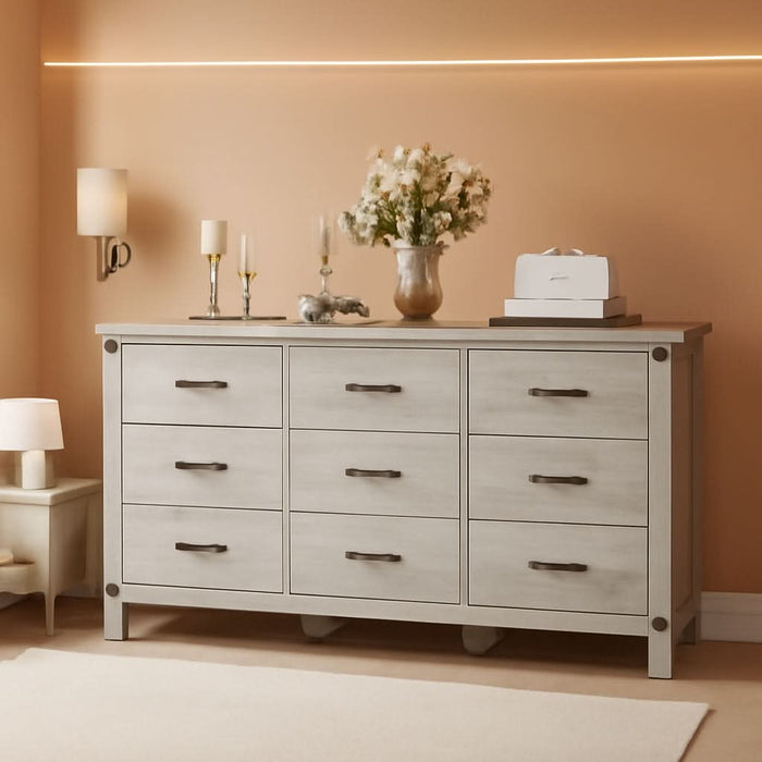 Dresser for Bedroom with 9 Drawers, 59” Wide Chest with Deep Drawer, Modern Farmhouse Dresser TV Stand with Metal Handles, Wood Storage Cabinet for Closet, Living Room, Hallway, Wash Grey