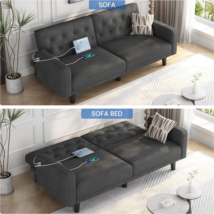 63" Convertible Couch Small Futon Sofa Bed with 2 USB Ports, Reclining Backrest & Removable Armrests, Mid Century Modern Loveseat for Living Room, Apartment, Office, Dark Gray