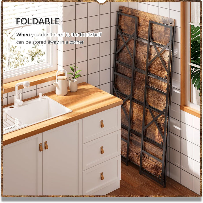 Extra Wide 5 Tiers No Assembly Book Shelves, 51.2" H Folding Bookshelf Bookcase Open Industrial Foldable Shelves for Bedroom, Living Room, Home Office - Rustic Brown Black