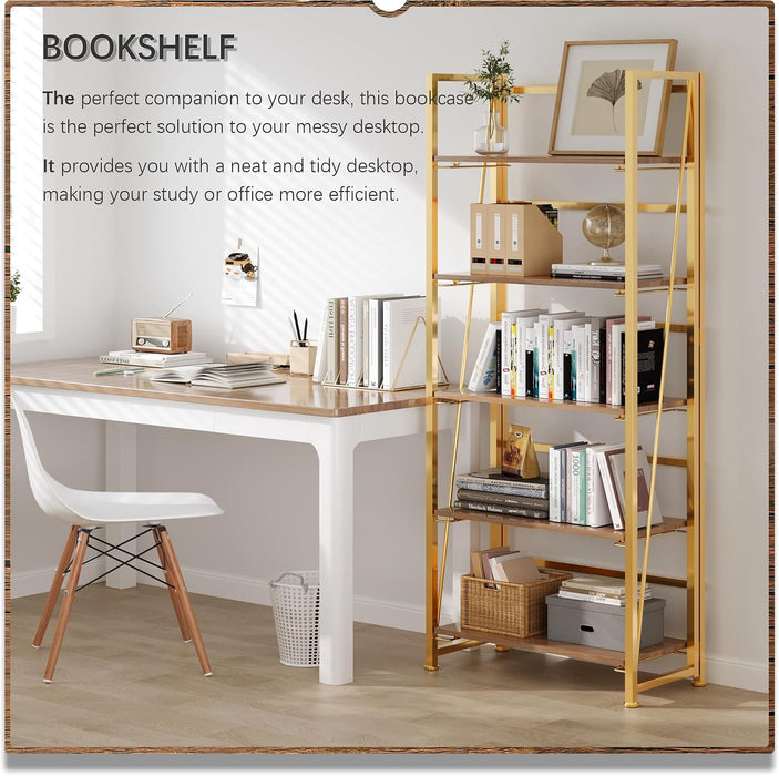 No Assembly Folding Bookshelf Book Shelves, 5-Tier 62.2"" H Collapsible Foldable Bookcase Storage Industrial Shelf for Living Room Bedroom Office