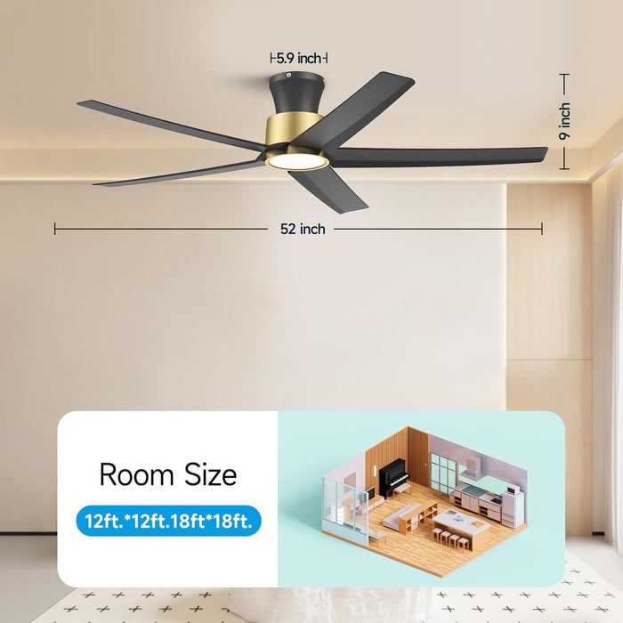52 Inch Ceiling Fans with Lights, Large Air Volume Ceiling Fans with Reversible Quiet DC Motor and Remote（Black-Gold）