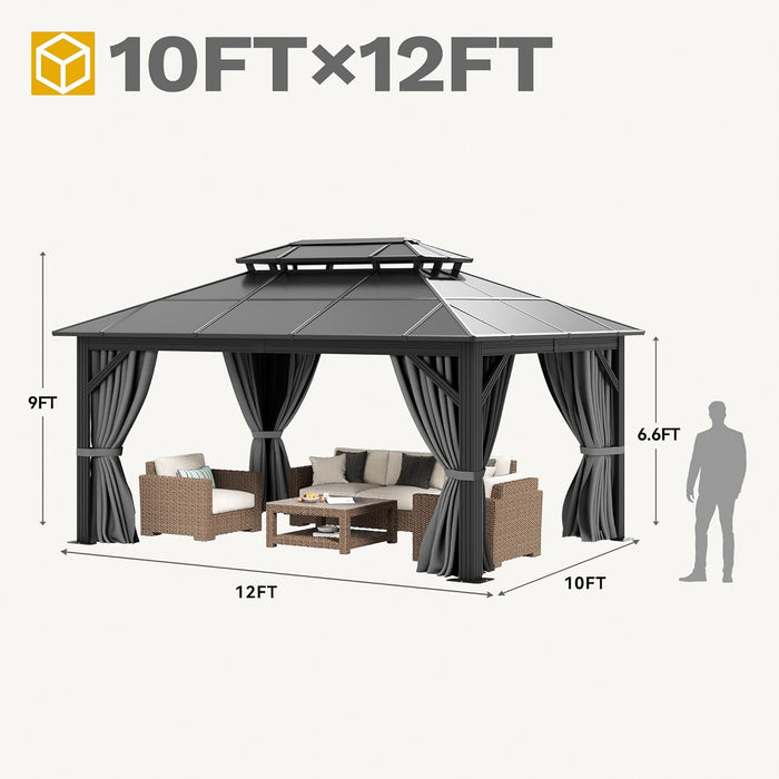 10X12Ft Gazebo Hardtop Double Roof Polycarbonate Canopy Outdoor with Netting and Shaded Curtains, Metal Frame Garden Tent for Patio, Backyard, Deck and Lawns, Gray