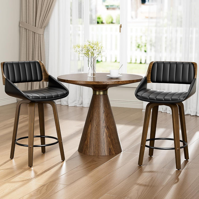 Bar Stools Set of 2, 26" Bentwood Counter Height Barstools, Black | Swivel, Mid Century Modern, Bentwood Back and Footrest, Padded Seat, Upholstered Faux Leather Bar Chair, for Kitchen Island