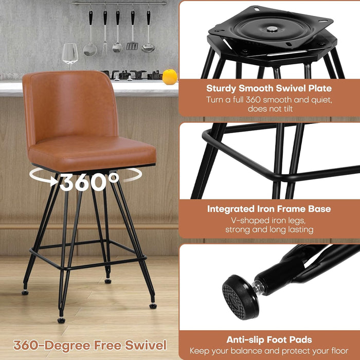 Swivel Bar Stools Set of 4, 26 Inch Counter Height Barstools, Faux Leather Bar Stool with Backs and Solid Metal Legs, Industrial Heavy Duty Counter Stools for Kitchen Island, Pub, Brown