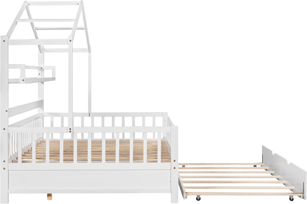 FullSize White Wooden Playhouse Trundle Bed Storage