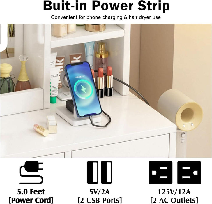 Vanity Desk with Mirror and Lights, 4 Drawers & Benches Vanity Desk Set, 3 Color Lighting Modes Adjustable Brightness Vanity for Bedroom Makeup Table