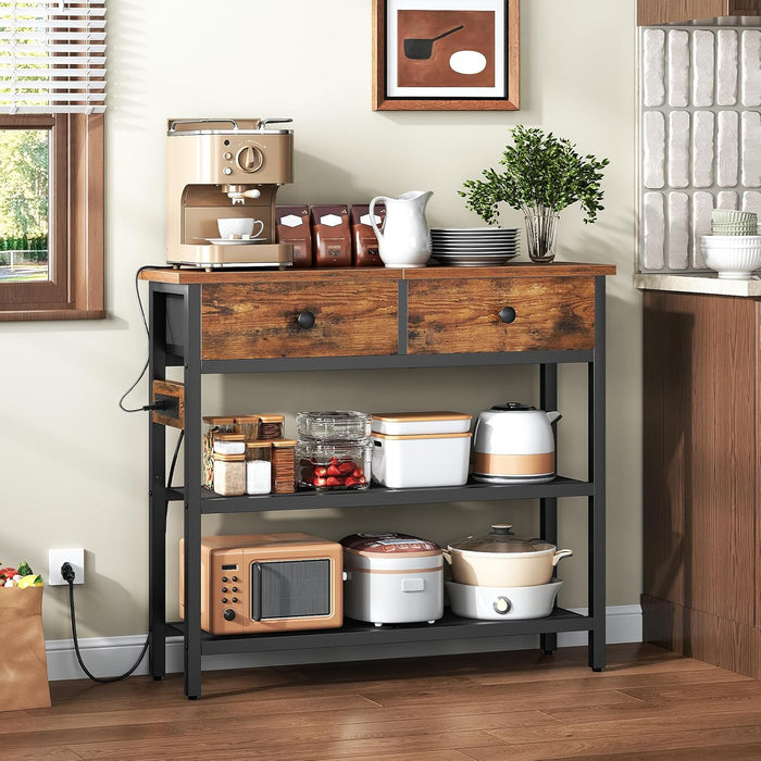 29.5" Narrow Console Table with Power Outlet, Small Entryway Table with 2 Fabric Drawers, behind Couch Table Sofa, 3-Tier Storage Shelves, for Living Room, Hallway, Rustic Brown BF72UXG01