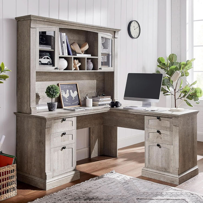 60-Inch L-Shaped Desk With Hutch LightRusticOakFinish