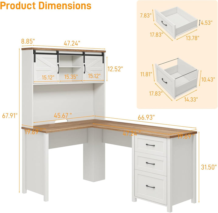 Farmhouse 68" H L Shaped Desk with Hutch,Office Table with 3 Drawers and Sliding Doors, Executive Desk with File Drawers,Workstation for Home Office & Study, Unique White.