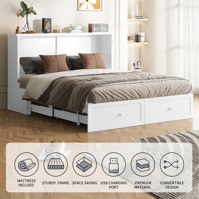 White Queen Murphy Bed With SpaceSaving USBChargingPorts