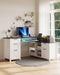 Farmhouse L Shaped Executive Desk with Drawers, 59''Home Office Corner Desks with Charging Station,File Cabinets,Storage Compartments Wood Computer Desk Writing Table W/Keyboard Tray,White