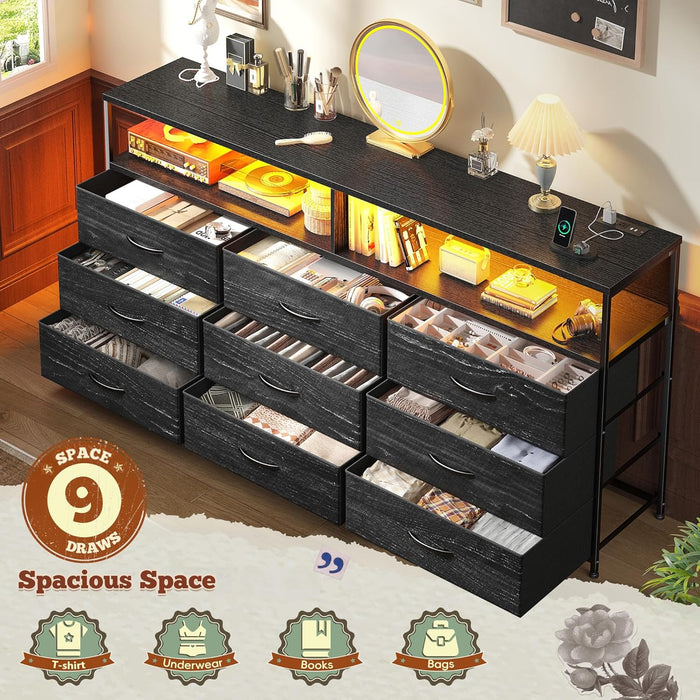 55" W Dresser for Bedroom with 9 Drawers LED TV Stand with Power Outlets for 45, 55, 65 Inch TV Sturdy Long Chest of Drawers with Extra 2 Wooden Shelves Steel Frame Grain Black