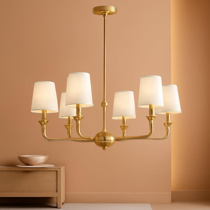 6-Light Brushed Gold Pendant Chandelier with Fabric Shades, E12 Base - Farmhouse & Industrial Style for Kitchen, Living Room, Dining Room, or Bedroom Lighting