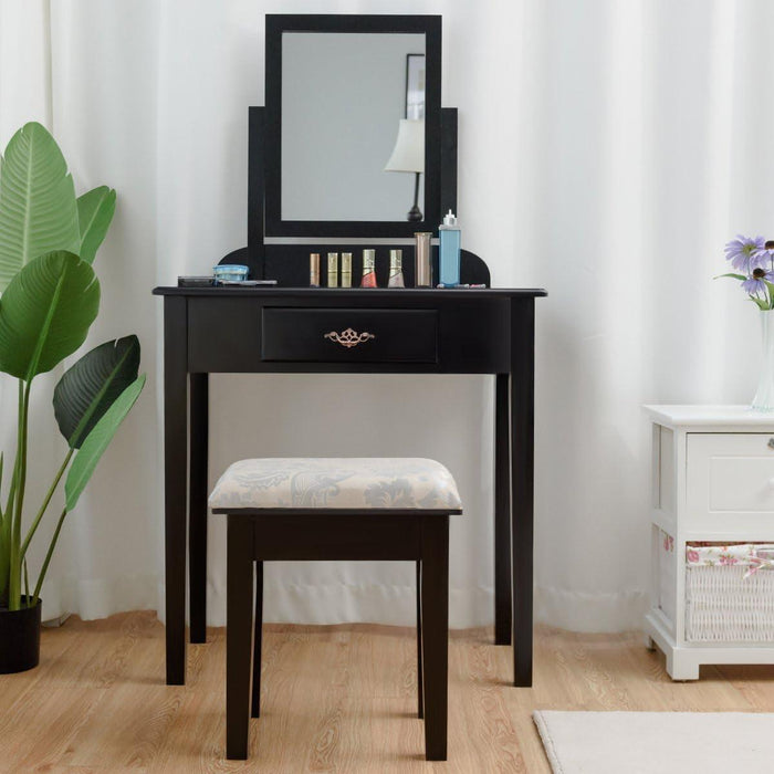 Vanity Dressing Table Stool Set, for Bedroom Vanities Furniture with Large 360° Rotating Makeup Mirror Solid Wood Legs Padded Linen Fabric Bench, Vanity Tables with Drawers, Black（1 Drawer）