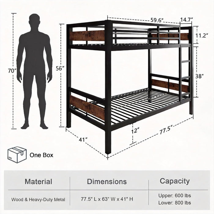 Twin Over Twin Metallic Bunk Bed VintageRusticBrown