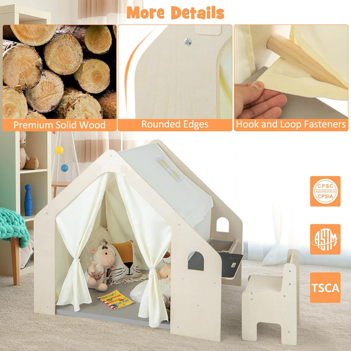 Kids Tent, 6-In-1 Wooden Frame Play House with Table and Chair Set, Blackboard, Side Storage Bag & Soft Floor Mat, Indoor Playhouse for Boys Girls Aged 2-6 Years Old