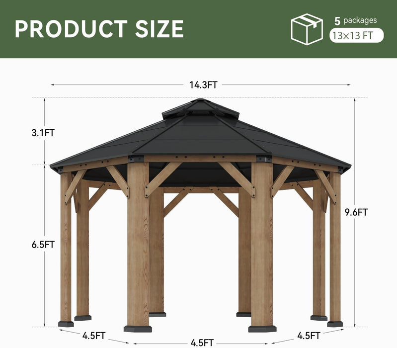 13' X 13' Outdoor Wood Gazebo, Hardtop Gazebo Permanent Wooden Pavilion with Galvanized Steel Double Roof, for Packyard, Garden, Deck, Cedar Wood