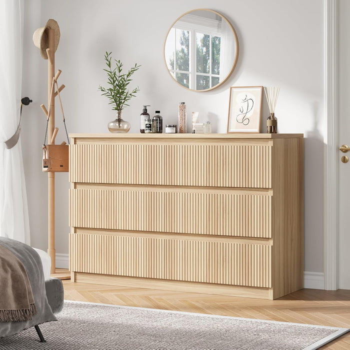 6 Drawer Fluted Dresser, Modern Chest of Drawers for Bedroom with Hidden Handles, Wood Storage Organizer Cabinet for Living Room & Entryway, Oak (15.7" D X 47.3" W X 31.6" H)