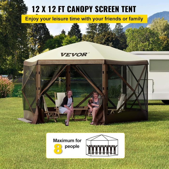 12 * 12Ft 6 Sided Pop-Up Canopy Shelter Tent with Mesh Windows, Portable Carry Bag, Stakes, Large Shade Tents for Outdoor Camping, Lawn and Backyard, Brown/Beige