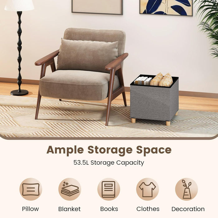 Small Storage Ottoman Cube with Tray Lid, Folding Linen Fabric Foot Stool with Elevated Wooden Legs, Multi-Functional Ottoman Foot Rest for Living Room, Bedroom, Entryway, 18 X 18 X 18 Inches