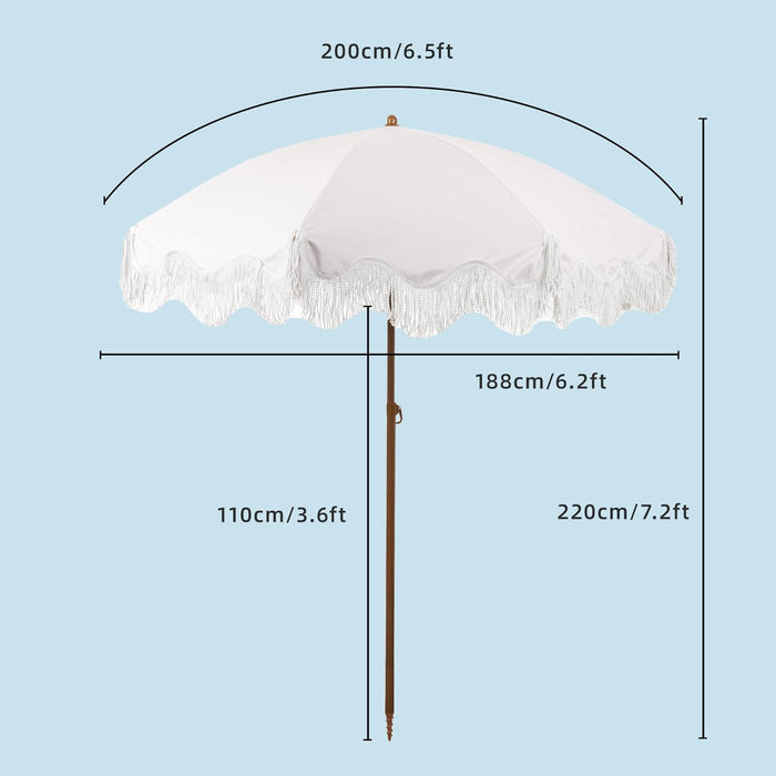 6.5FT Outdoor Patio Umbrella with Fringe, Boho Beach Umbrella | UV Protection | Tilt & Adjustable Height | Portable 2-Piece Aluminum Pole | Perfect for Pool, Garden, Party & Beach