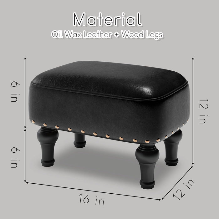 Ottoman Leather Foot Rest with Thicker Foam Padded Seat, Footstool with Wooden Legs (Black)