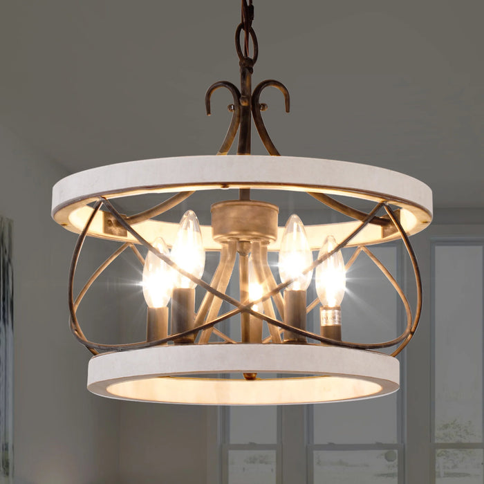 5-Light Wood Farmhouse Drum Chandelier Adjustable Height Pendant Lighting for Dining Room