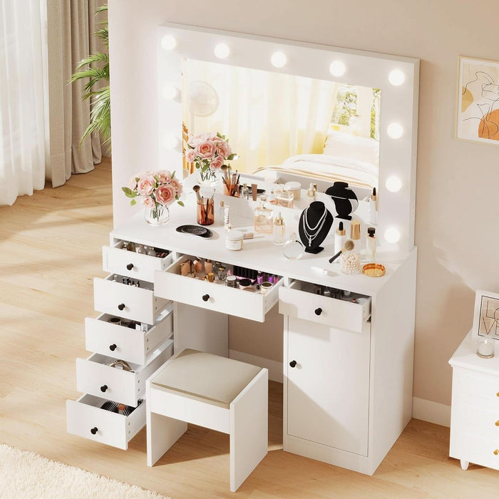 White Vanity Desk with Mirror and Light, Makeup Vanity Table with Charging Station, 7 Storage Drawers, 1 Cabinet, 3 Color Lighting Modes, Modern Wooden Dressing Table for Bedroom