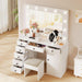 White Vanity Desk with Mirror and Light, Makeup Vanity Table with Charging Station, 7 Storage Drawers, 1 Cabinet, 3 Color Lighting Modes, Modern Wooden Dressing Table for Bedroom
